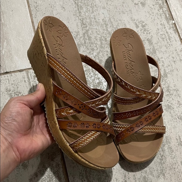 Skechers Women's Tan and Brown Wedge Sandals - Picture 1 of 4